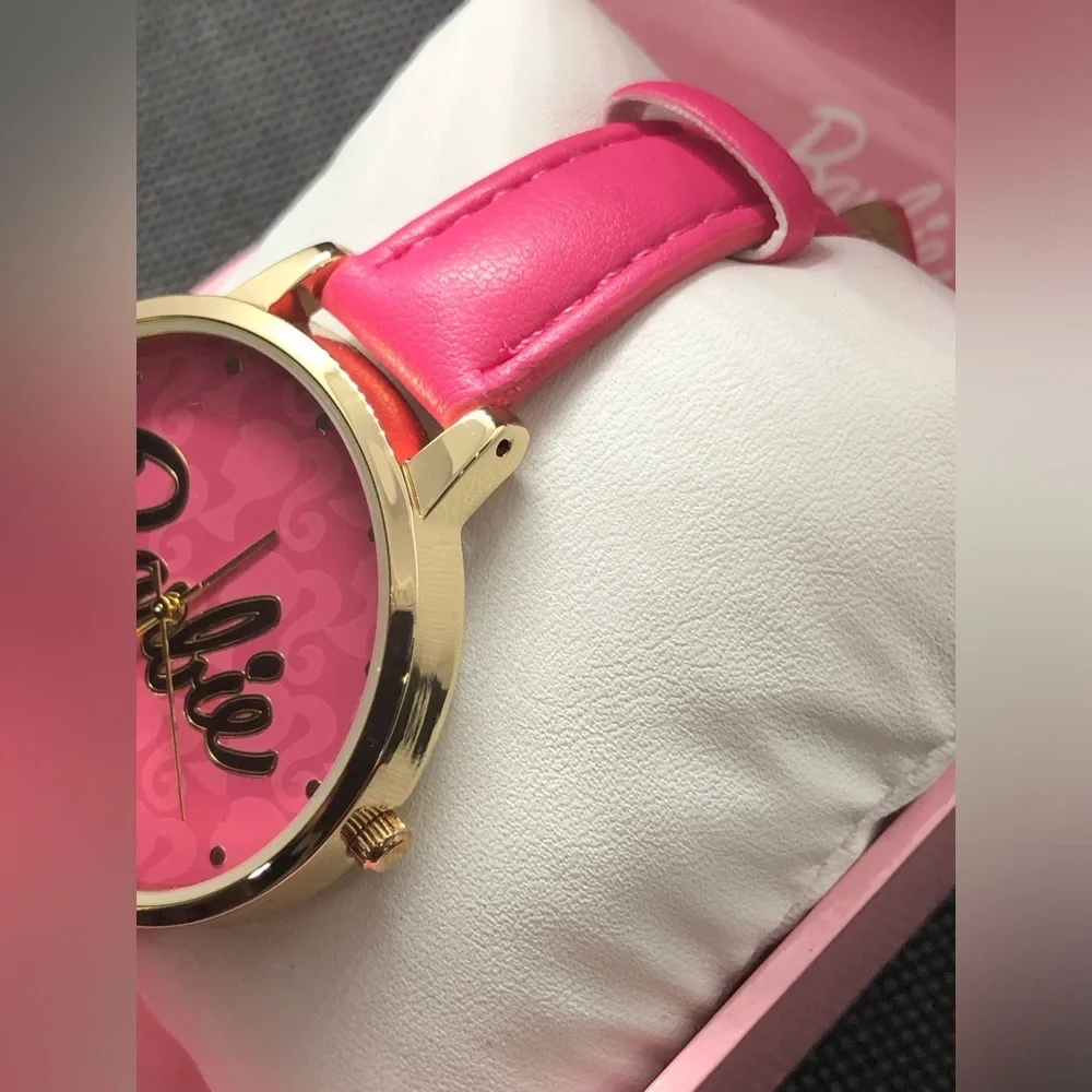 Barbie pink strap gold plated trim pink Barbie‎ logo face wrist watch new